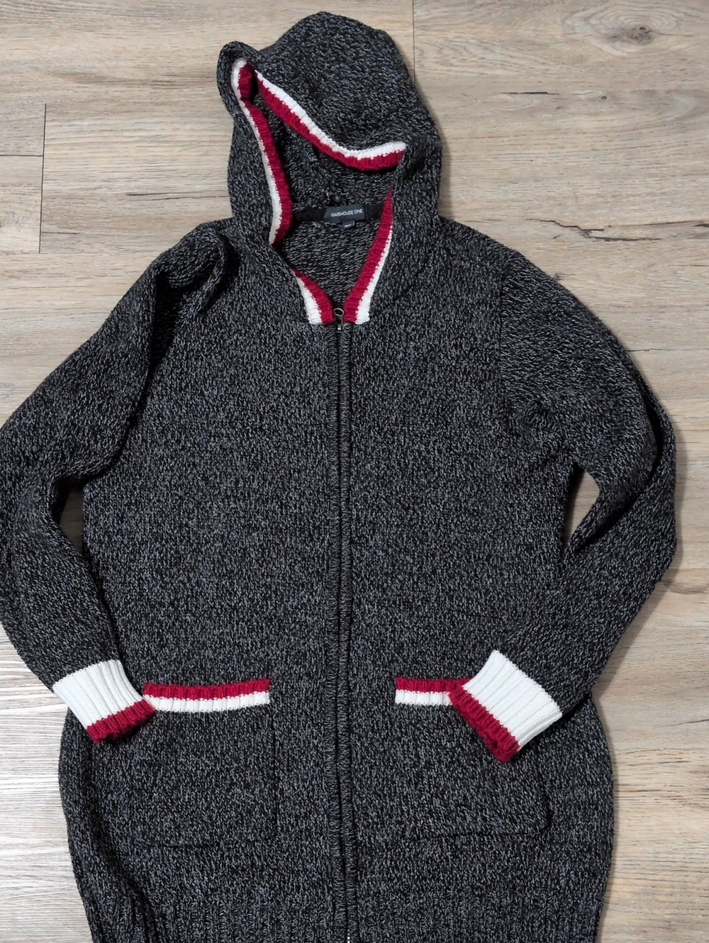 Charcoal Hooded Teddy Zip Jacket with Red & White Trim